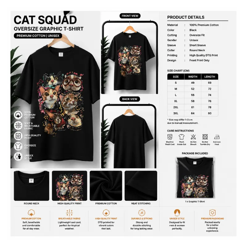 CAT SQUAD OVERSIZE GRAPHIC T-SHIRT
