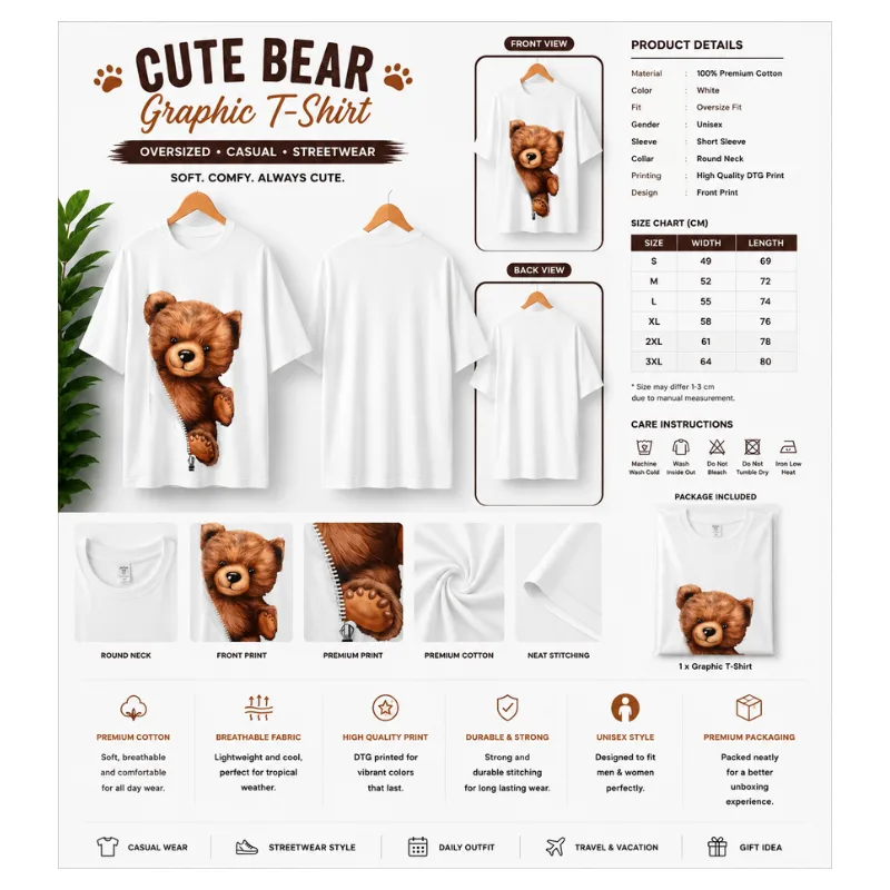 Cute Bear Peek Oversized T-Shirt