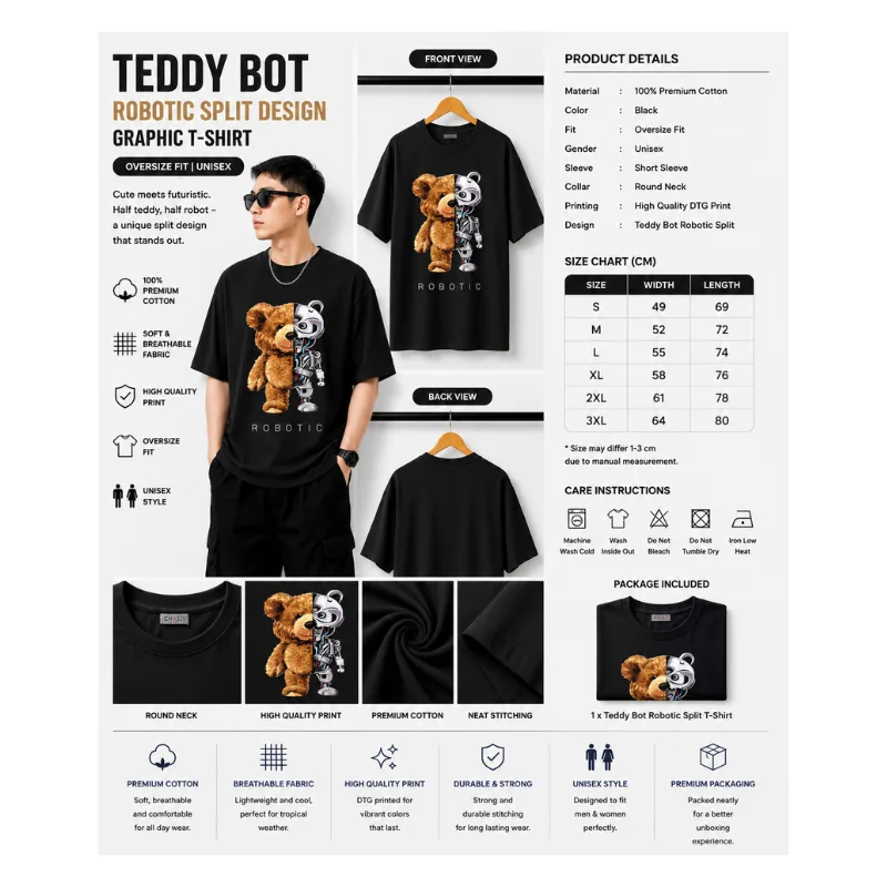 Teddy Bot Robotic Split Graphic T-Shirt
