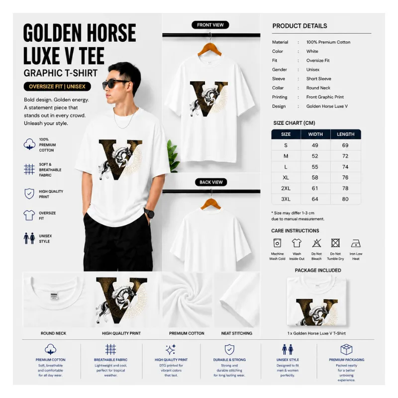 Golden Horse Luxe V Tee – Oversize Unisex Graphic T-Shirt