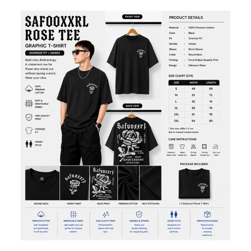 Safuoxxrl Rose Tee Black Edition – Oversize Unisex Graphic T-Shirt