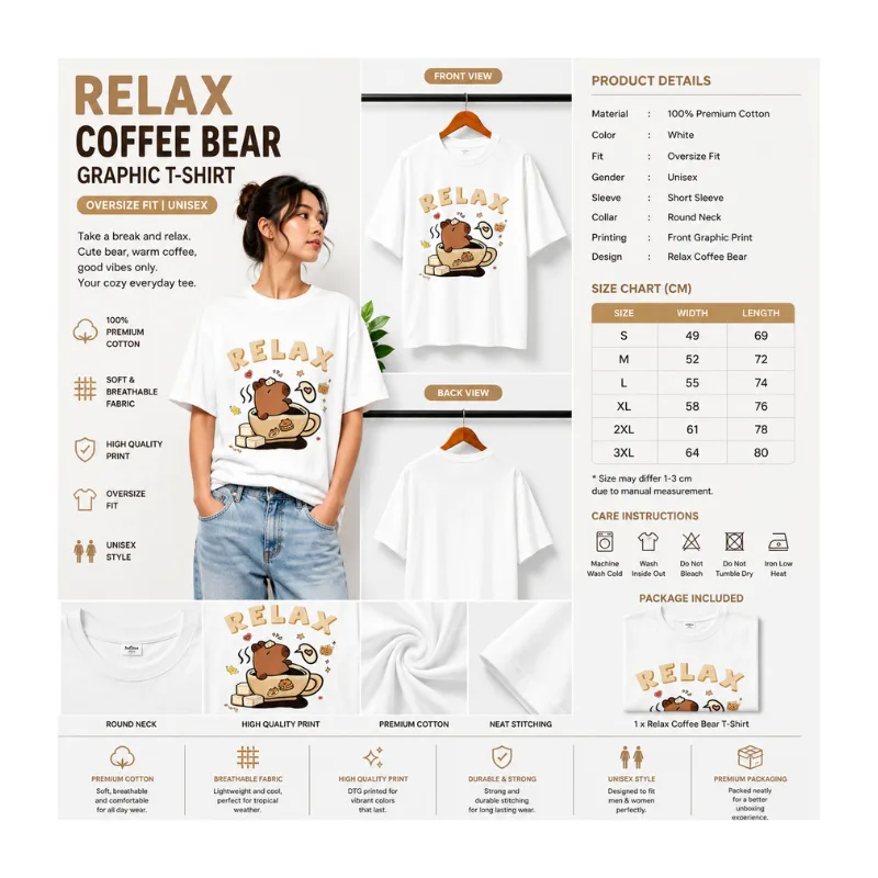 RELAX COFFEE BEAR Graphic Oversize T-Shirt