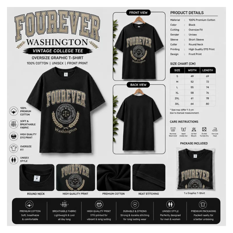 FOUREVER Washington Vintage College Tee Oversize T-Shirt