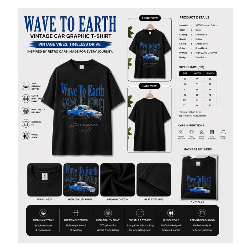 Wave To Earth Vintage Car Oversize Graphic T-Shirt