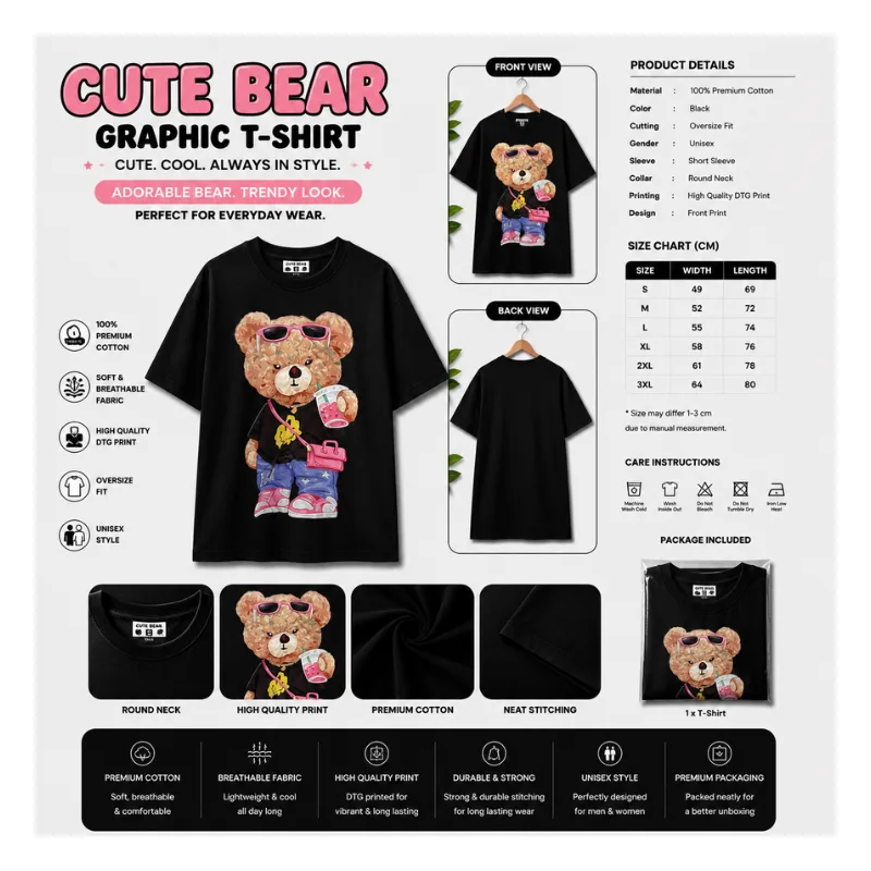 Cute Bear Fashion Graphic T-Shirt
