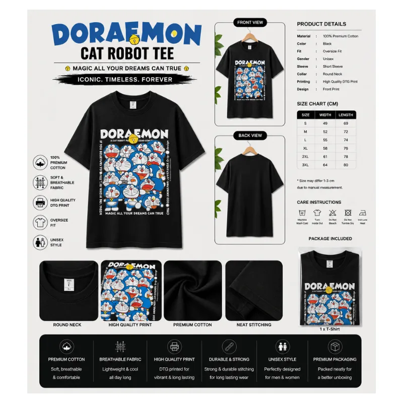 Doraemon Cat Robot Tee – Black Oversize Unisex T-Shirt