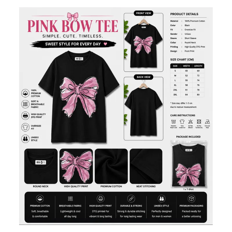 Pink Bow Aesthetic Tee – Black Oversize Unisex T-Shirt