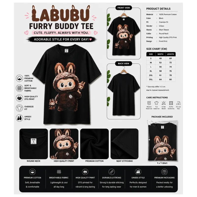 Labubu Furry Buddy Tee – Black Oversize Unisex T-Shirt