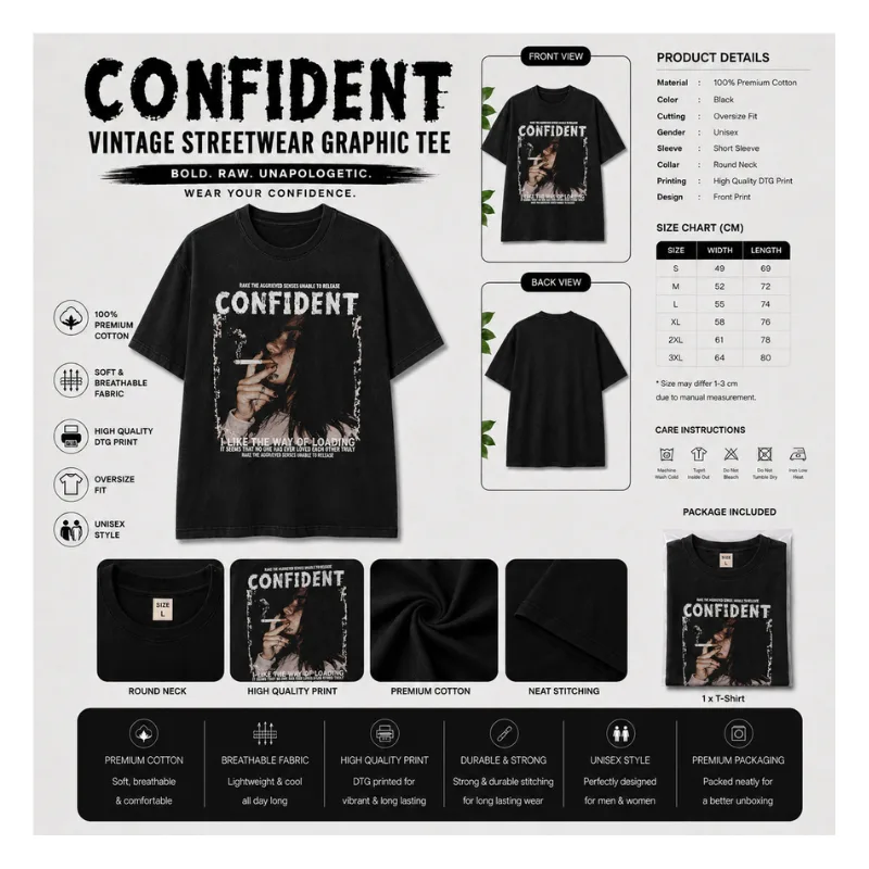 CONFIDENT Vintage Streetwear Graphic Oversized T-Shirt