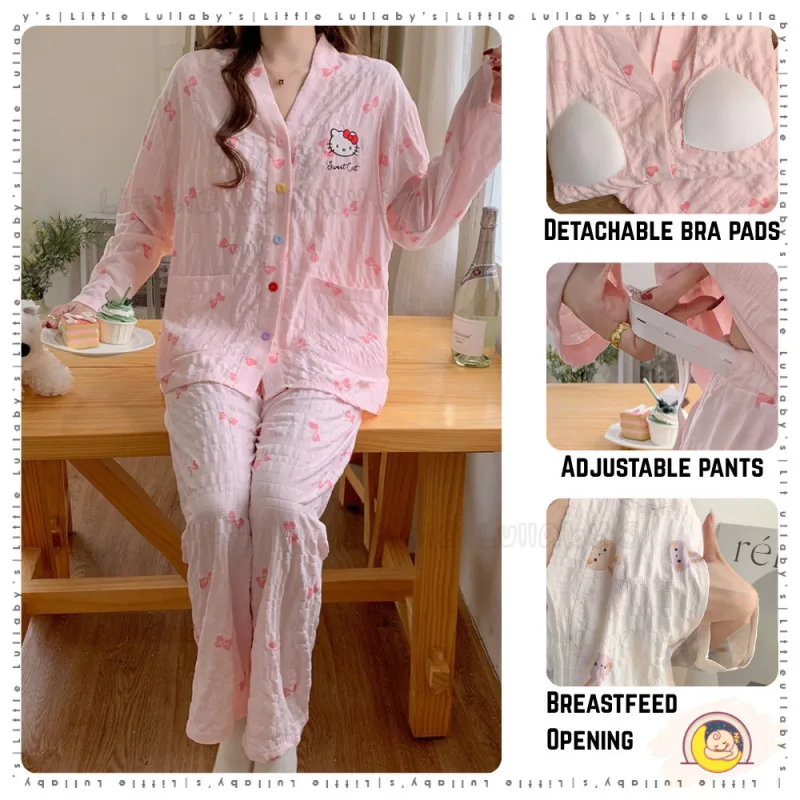 Cotton Maternity Pajamas Pakaian Berpantang Women Girls Soft Shirt Pants Mengandung Menyusu thumbnail 2
