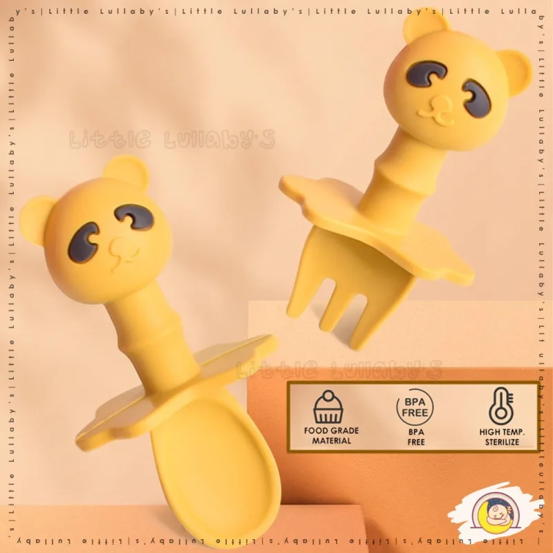 [2 Pcs] Bear Silicone Spoon Fork Set Baby Infant Training Self Feeding Set Garpu Sudu Silikon Beruang thumbnail 2