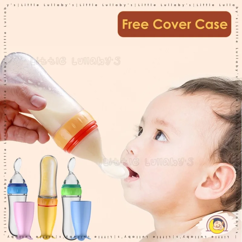 Baby Feeder Spoon Bottle With Cover Case BPA Free Silicone Squeeze Feeding Food Botol Sudu Suap