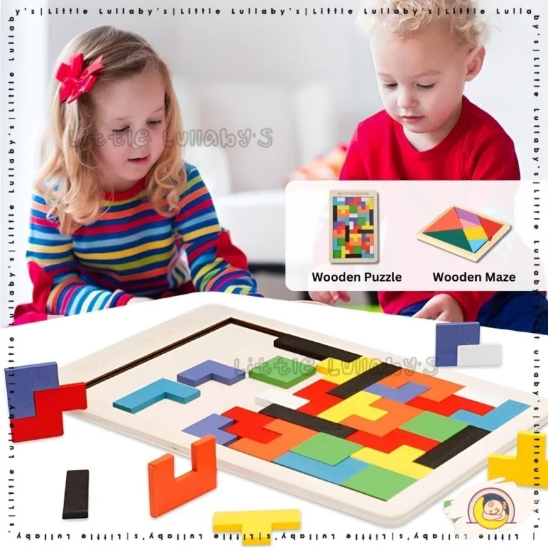 Wooden Tetris Mainan Kayu Tangram IQ Puzzle Children Educational Toy For Kids thumbnail 2