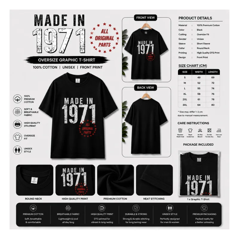 Made In 1971 All Original Parts Oversized T-Shirt