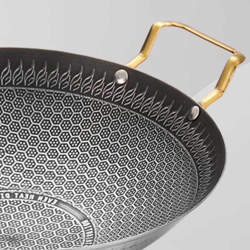 YU Online - 40cm Kuali Sarang Lebah Bertangkai emas Keluli Tahan Karat / Kuali Honeycomb Wok / Cookware / kuali xmelekat thumbnail 3