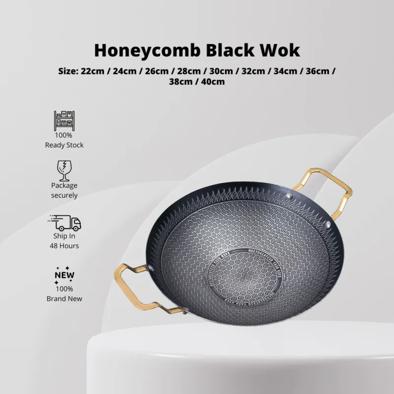 YU Online - 40cm Kuali Sarang Lebah Bertangkai emas Keluli Tahan Karat / Kuali Honeycomb Wok / Cookware / kuali xmelekat thumbnail 2