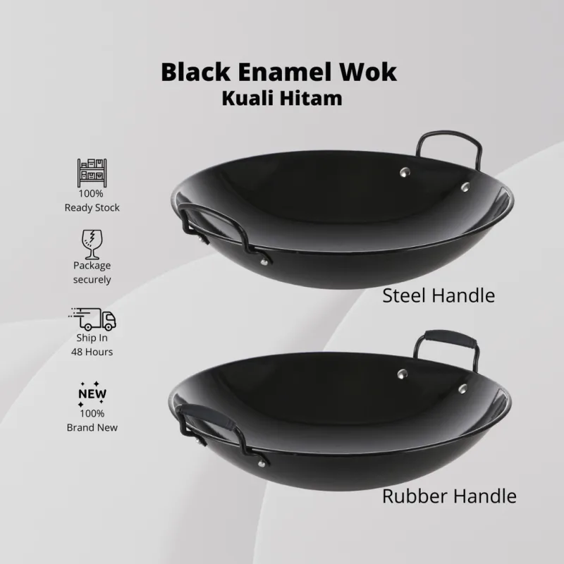 YU Online - Enamel Kuali Hitam Tak Melekat / Black Enamel Wok / Iron Wok / Kuali Tahan karat / Kuali Hitam / Kuali Besi thumbnail 2
