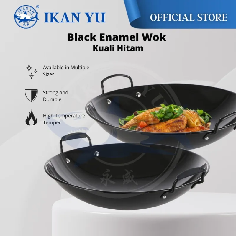 YU Online - Enamel Kuali Hitam Tak Melekat / Black Enamel Wok / Iron Wok / Kuali Tahan karat / Kuali Hitam / Kuali Besi