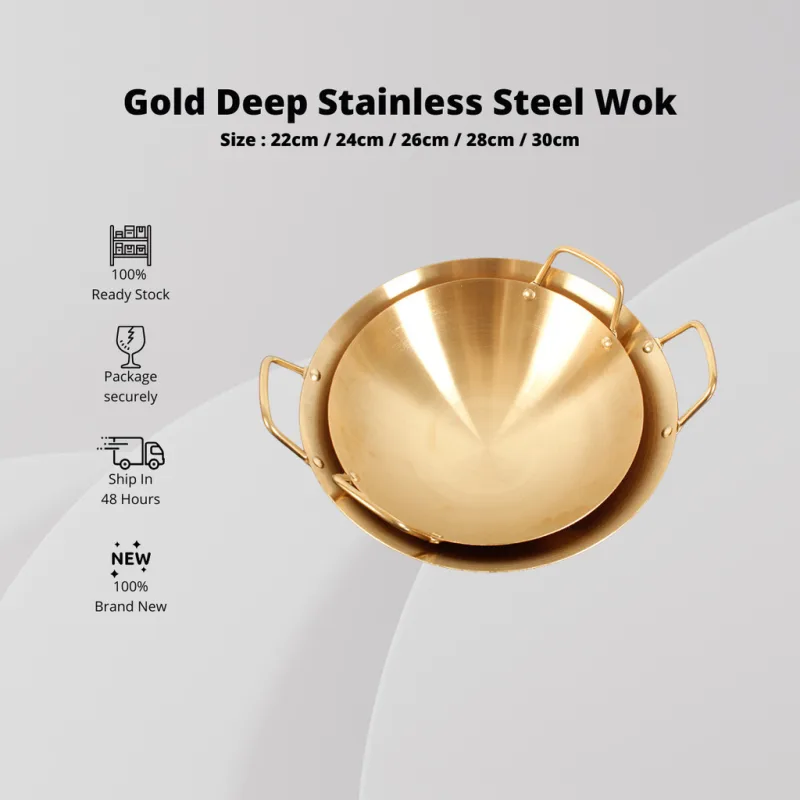 YU Online - Kuali Emas Tahan Karat Dua tangkai / Gold Double Handle Stainless Steel Wok / Kuali Besi Tahan Karat Kwali thumbnail 2