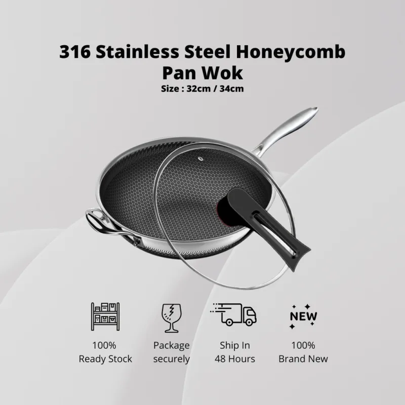 YU Ready Stock Stainless Steel Wok with Lid /Nonstick Skillet / Saucepan / Honeycomb Non stick Pan Wok / Induction Cook thumbnail 2