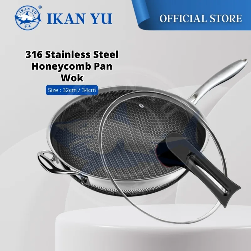 YU Ready Stock Stainless Steel Wok with Lid /Nonstick Skillet / Saucepan / Honeycomb Non stick Pan Wok / Induction Cook