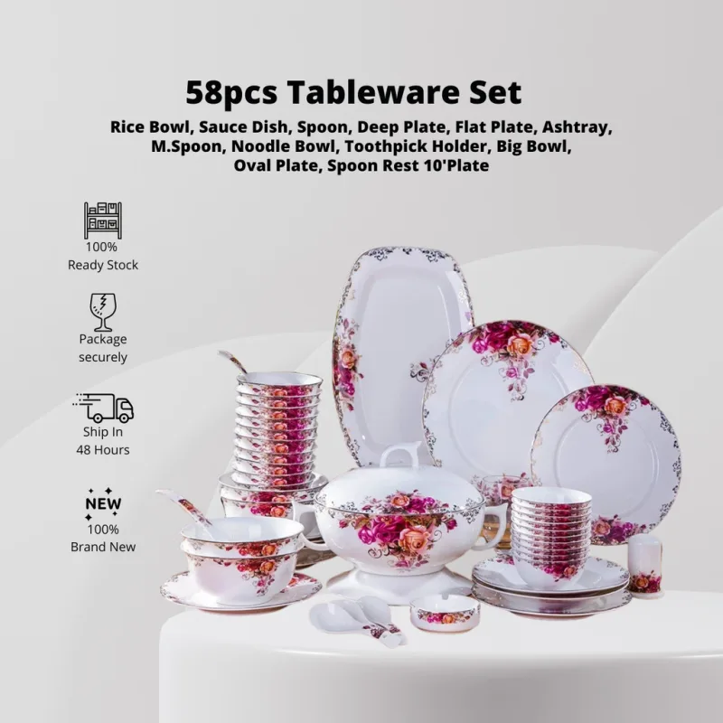 YU Online - 58Pcs Set Pinggan Mangkuk / Rose Luxury Ceramic Porcelain set Tableware sets wedding gifts / Dinnerware set thumbnail 2