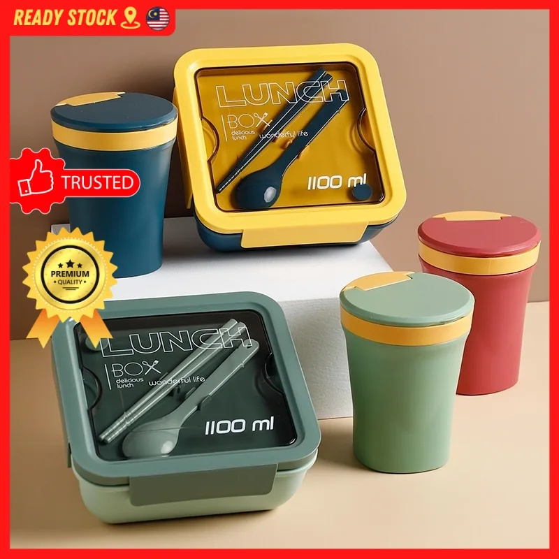 YU Ready Stock 1100ml Japanese Lunch Box Portable Lunch Bento with Spoon Chopsticks Food Container
