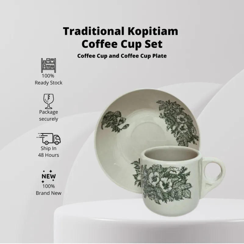YU Online - Set Cawan dan Piring Kopitiam / Cup & Saucer Set / Traditional Floral Green Flower Kopi Cup & Saucer thumbnail 2