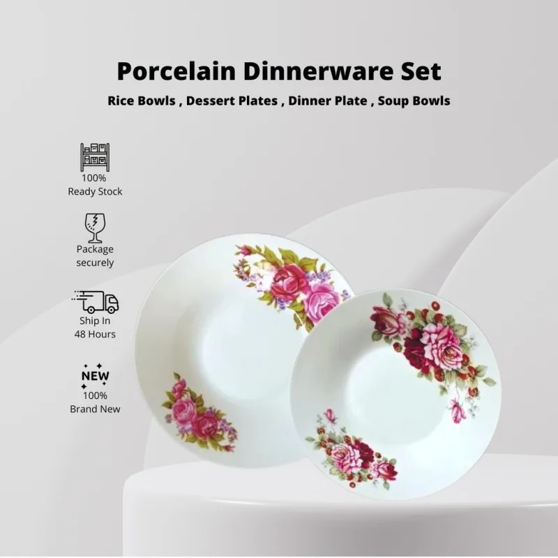 YU Online - 6pcs Set Enamel Pinggan Mangkuk Set Bunga Lama / Porcelain Plate and Bowl Set Dinner Set / Dinnerware thumbnail 2