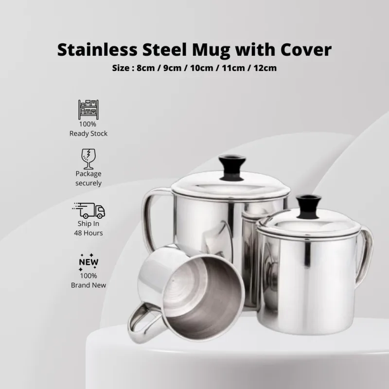 YU Online - Cawan Kopi Tebal Tahan Karat / Thick Stainless Steel Mug with Lid / Coffee Cup with Cover / cawan teh tarik thumbnail 2