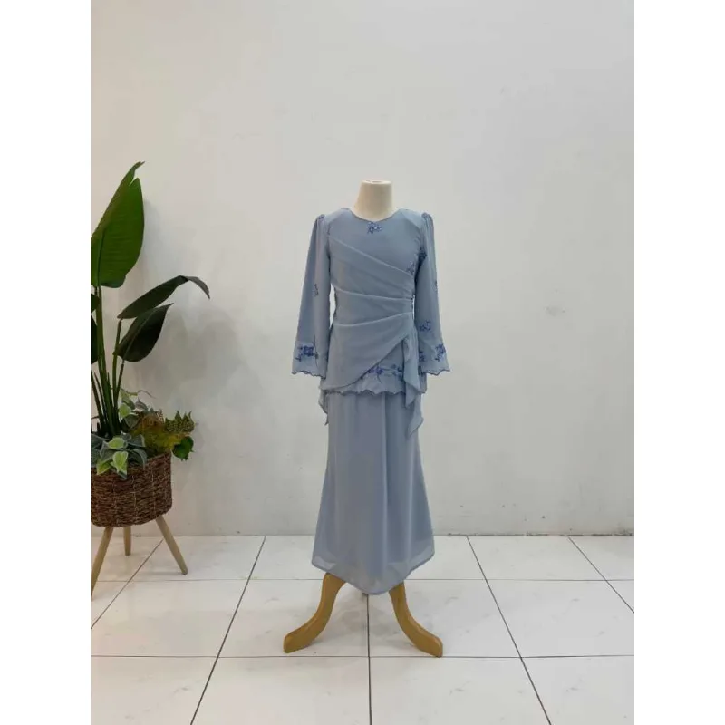NEW DESIGN SET FAMILY MODEN DELIMA IN BABY BLUE I KURUNG DAN BAJU MELAYU I MATERIAL CHIFFON thumbnail 2