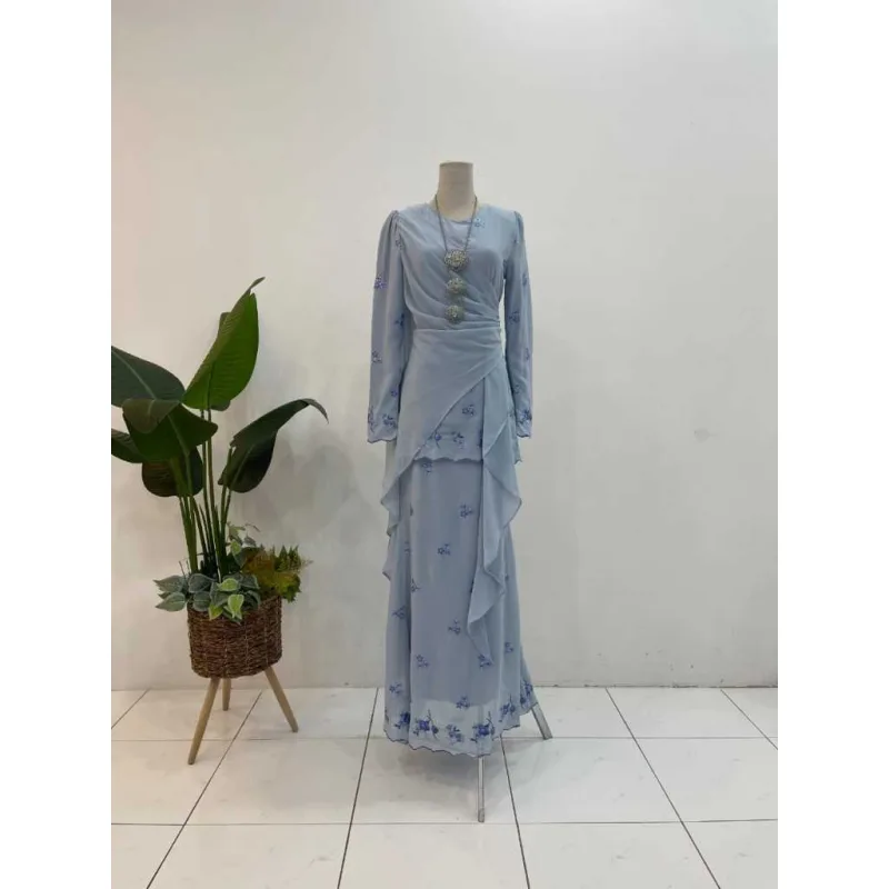 NEW DESIGN SET FAMILY MODEN DELIMA IN BABY BLUE I KURUNG DAN BAJU MELAYU I MATERIAL CHIFFON thumbnail 3