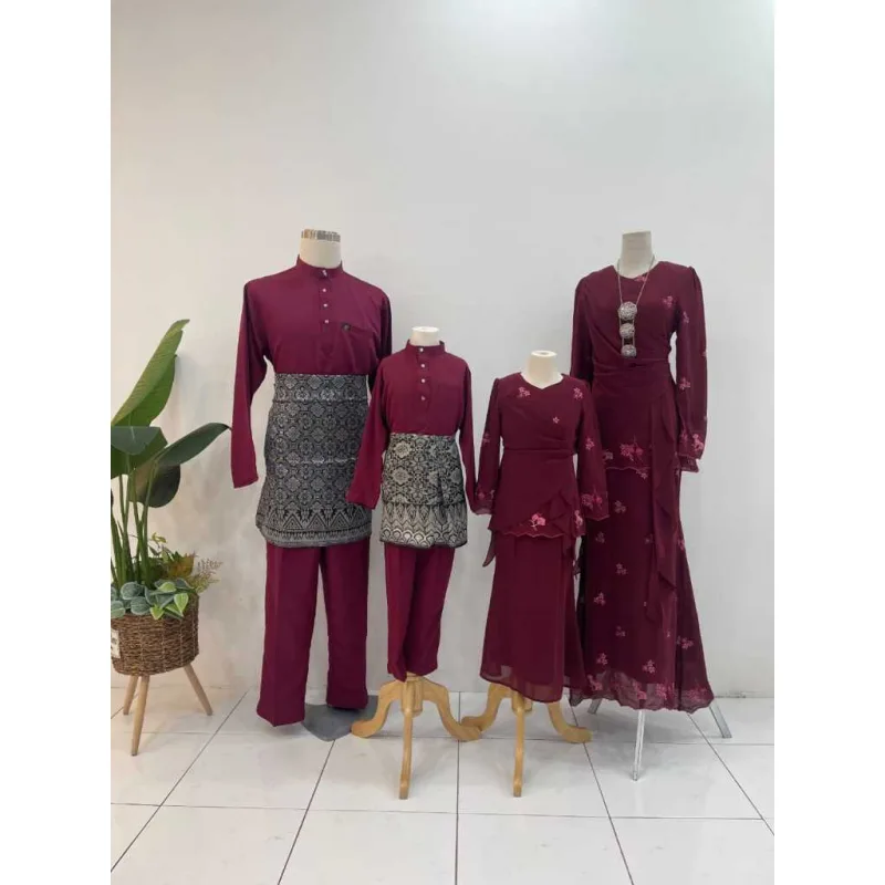 NEW DESIGN SET FAMILY MODEN DELIMA IN BURGUNDY I KURUNG DAN BAJU MELAYU I MATERIAL CHIFFON