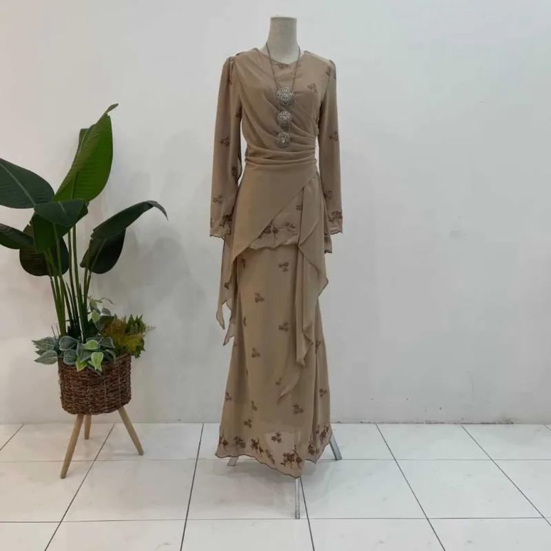 NEW DESIGN SET FAMILY MODEN DELIMA IN MOCHA I KURUNG DAN BAJU MELAYU I MATERIAL CHIFFON thumbnail 3