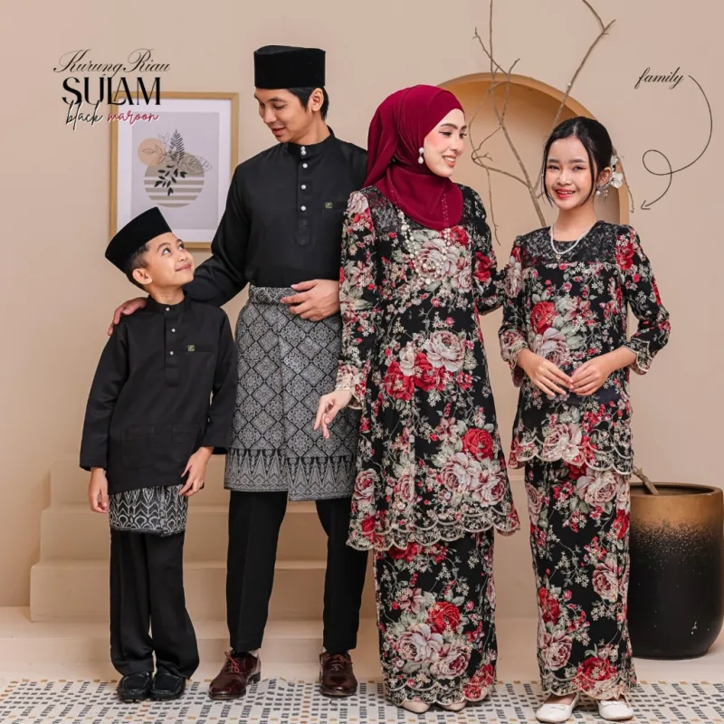 Set Family Kurung Riau Sulam in Black Maroon By Moff2U