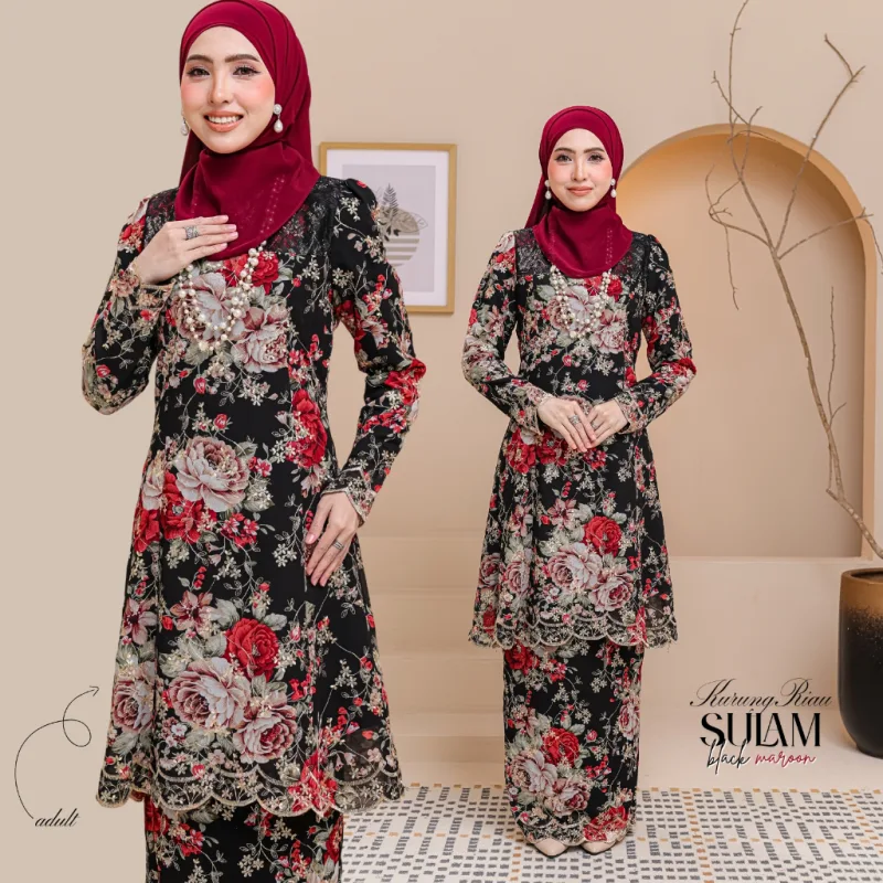 Set Family Kurung Riau Sulam in Black Maroon By Moff2U thumbnail 2
