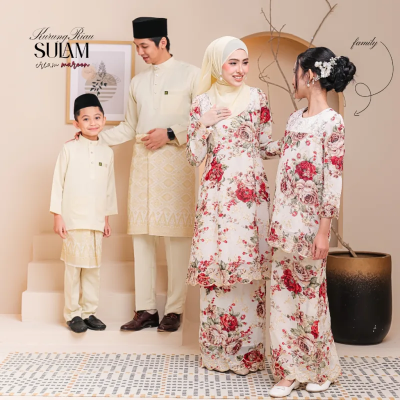 Set Family Kurung Riau Sulam in Cream Maroon By Moff2U
