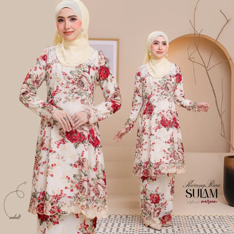 Set Family Kurung Riau Sulam in Cream Maroon By Moff2U thumbnail 3