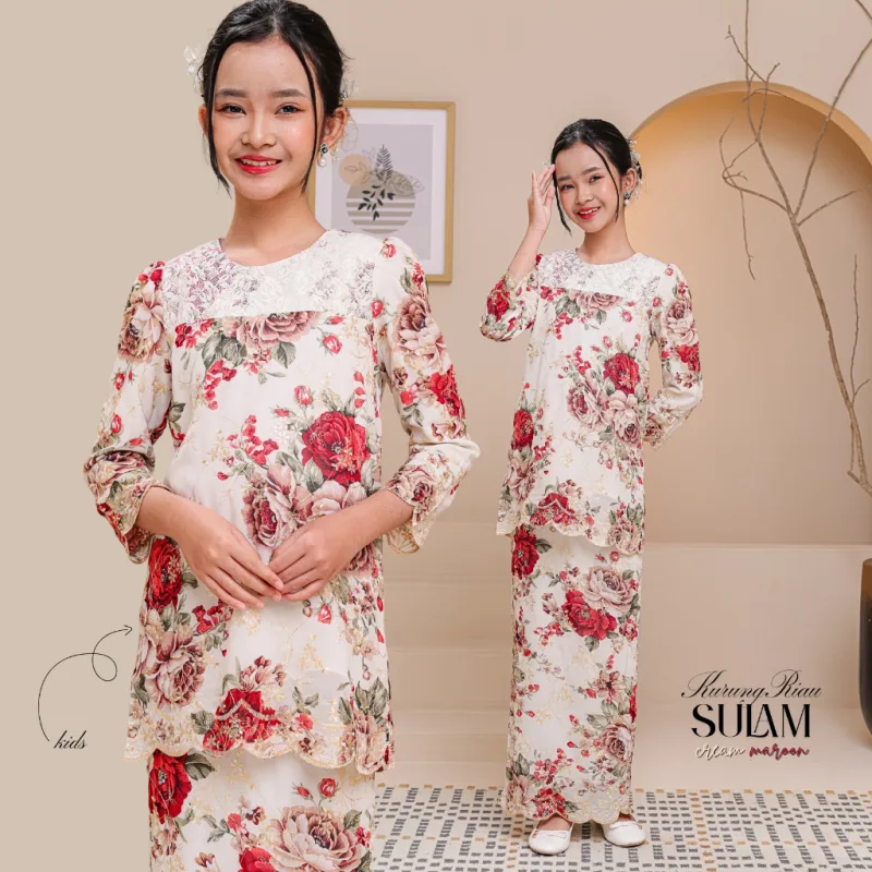 Set Family Kurung Riau Sulam in Cream Maroon By Moff2U thumbnail 2