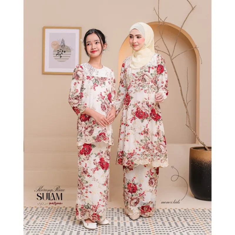 Set Family Kurung Riau Sulam in Cream Maroon By Moff2U thumbnail 4