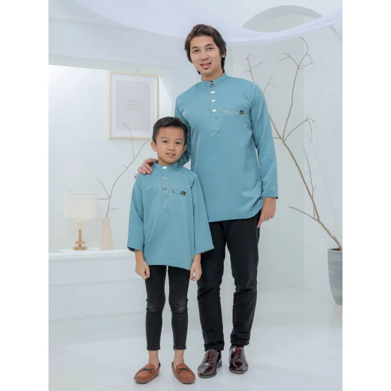 Baju Kurta Rayyan | Olive - Emerald Green - Smoke Blue | kurta moden| baju kurta Dewasa | Baju kurta Budak by moff2u thumbnail 2