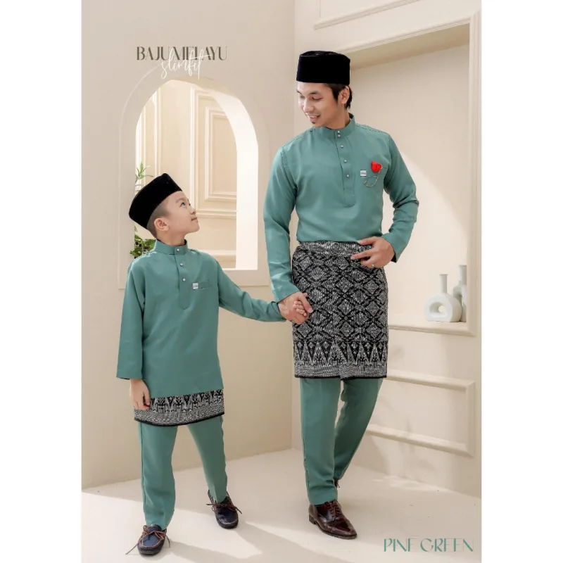 Baju Melayu Slim Fit Warna Pine Green Dan Mint Green Baju Melayu Ayah Dan Anak Baju Raya thumbnail 2