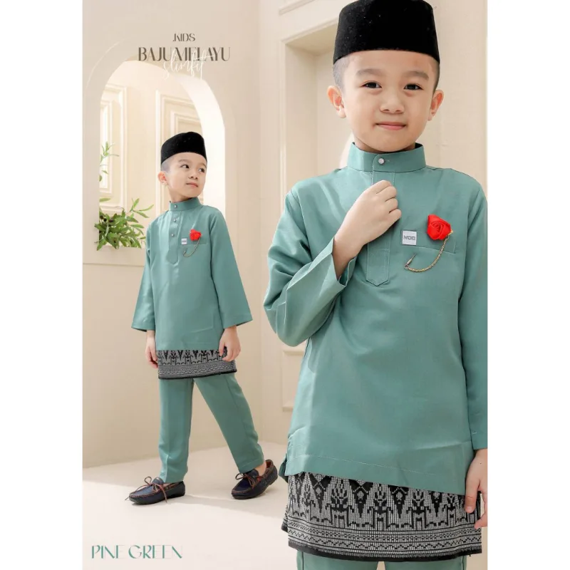Baju Melayu Slim Fit Warna Pine Green Dan Mint Green Baju Melayu Ayah Dan Anak Baju Raya thumbnail 3