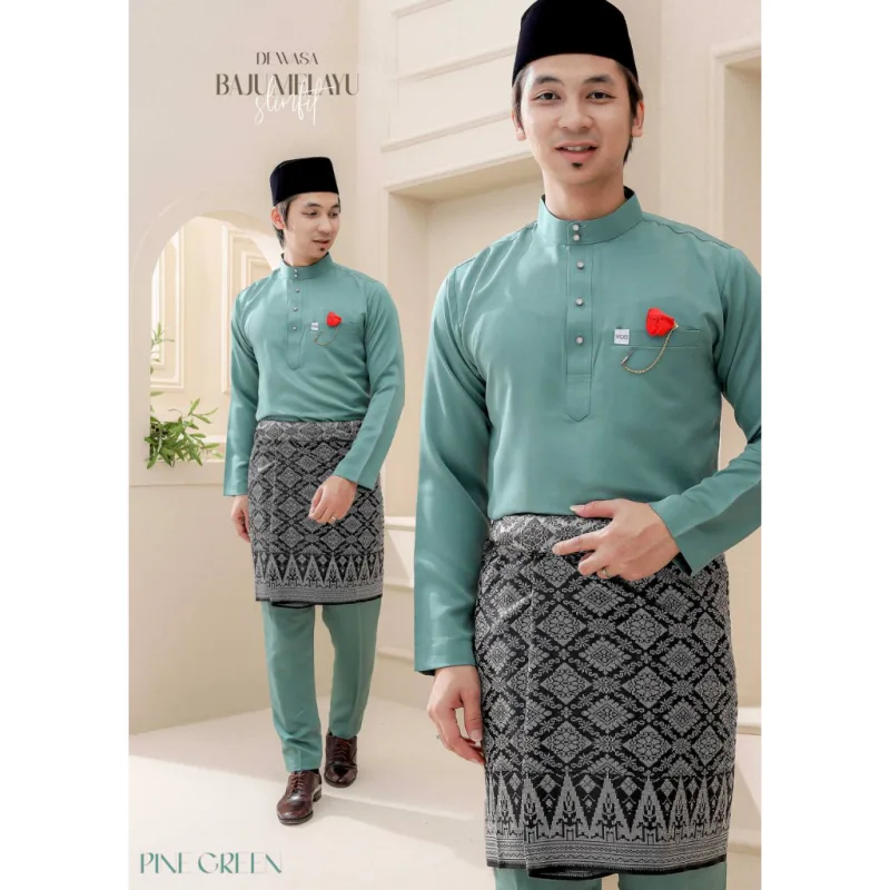 Baju Melayu Slim Fit Warna Pine Green Dan Mint Green Baju Melayu Ayah Dan Anak Baju Raya thumbnail 5