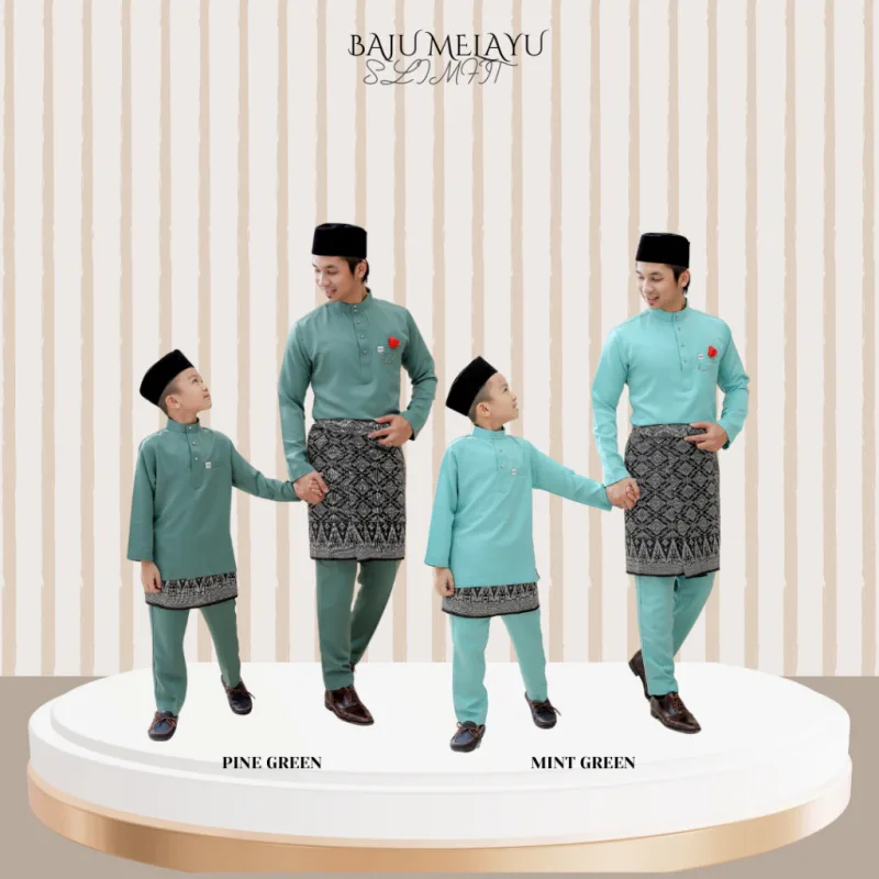 Baju Melayu Slim Fit Warna Pine Green Dan Mint Green Baju Melayu Ayah Dan Anak Baju Raya