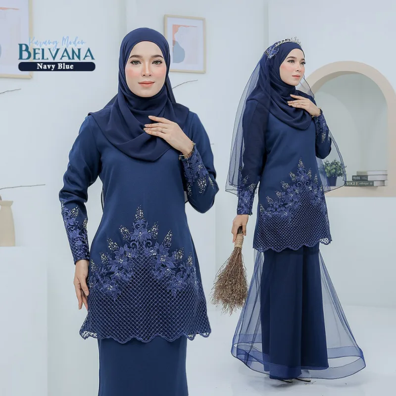 BAJU KURUNG MODEN Bridal Set Belvana In NAVY BLUE | Full set 7 Item | Tunang | Nikah | BAJU KURUNG LACEBY MOFF2U thumbnail 2
