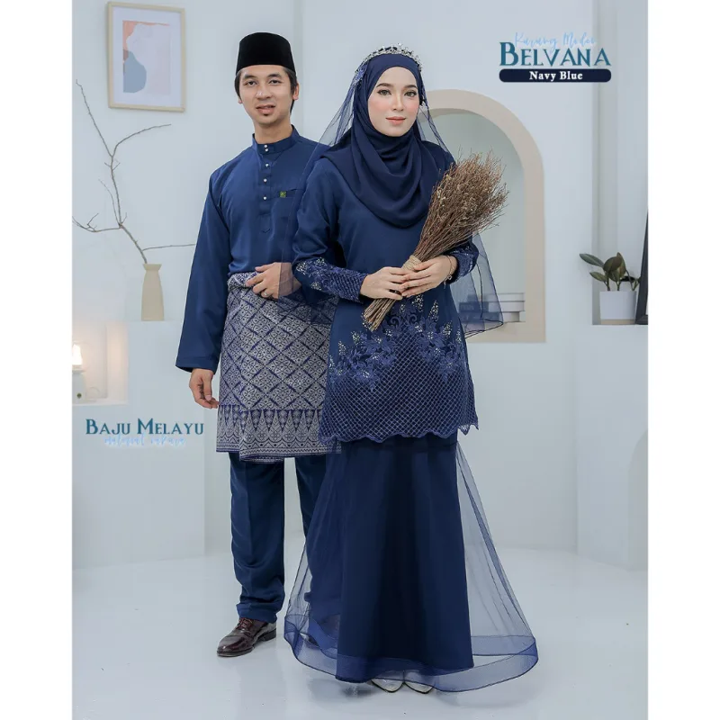 BAJU KURUNG MODEN Bridal Set Belvana In NAVY BLUE | Full set 7 Item | Tunang | Nikah | BAJU KURUNG LACEBY MOFF2U