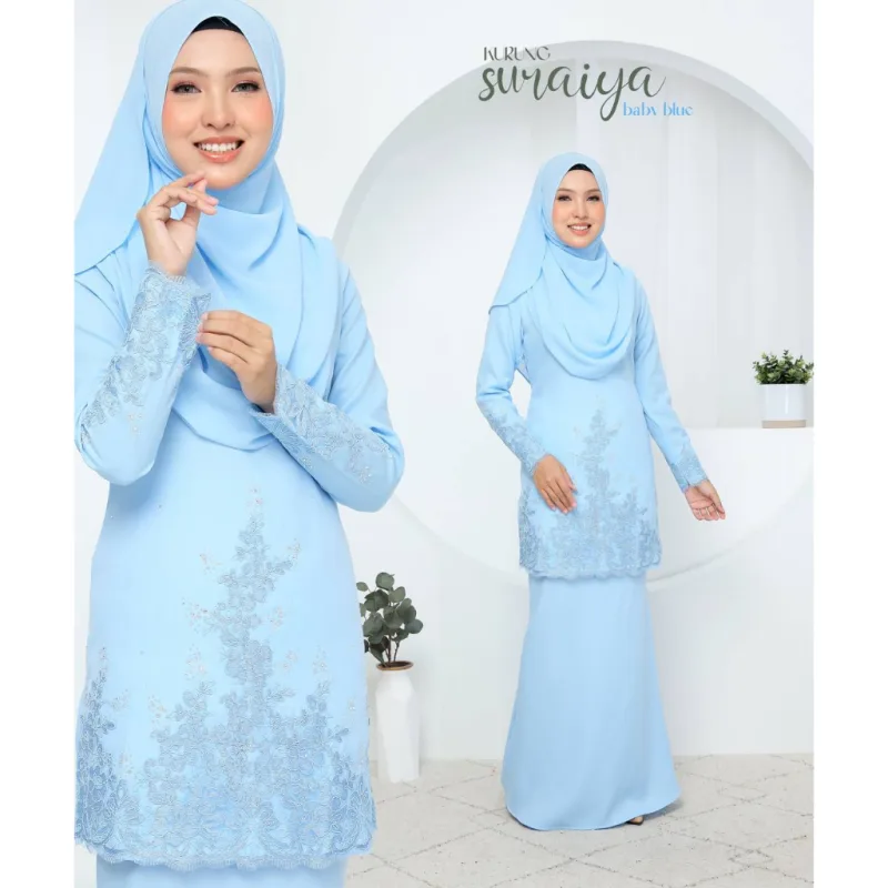SET FAMILY BAJU KURUNG SURAIYA BAJU MELAYU WARNA BABY BLUE RAYA 2024 | BAJU KURUNG LACE BY MOFF2u thumbnail 3