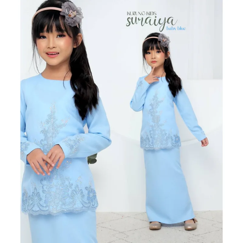 SET FAMILY BAJU KURUNG SURAIYA BAJU MELAYU WARNA BABY BLUE RAYA 2024 | BAJU KURUNG LACE BY MOFF2u thumbnail 4