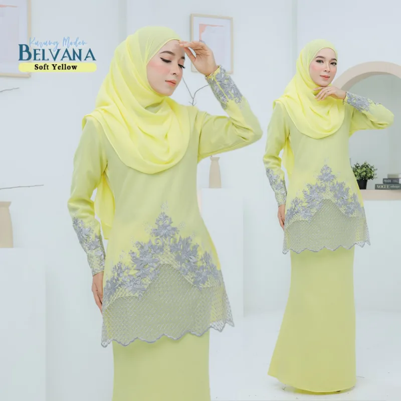BAJU KURUNG MODEN Bridal Set Belvana In SOFT YELLOW | Full set 7 Item | Tunang | Nikah | BAJU KURUNG LACEBY MOFF2U thumbnail 2